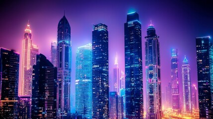 Obraz premium Vibrant Cityscape with Neon Lights at Night in Urban Setting