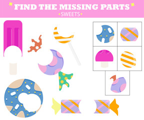 Matching game for kids, sweets theme. Find the missing parts logic task. Match the right picture. Colorful educational game for children.