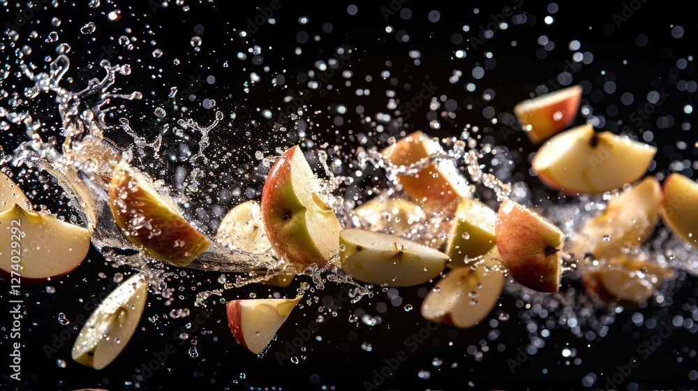 Poster sliced apples splashing in water, creating a dynamic and refreshing visual.