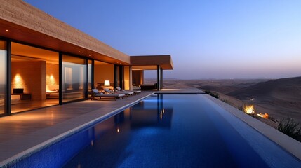 Desert modern luxury, A tranquil villa with infinity pool at twilight