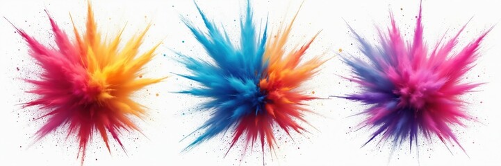 Vibrant AI generated illustration featuring abstract explosion of colorful holi paint powder. Dynamic cloud bursts in pink, orange, blue, purple colors on white backdrop. Celebration of holi
