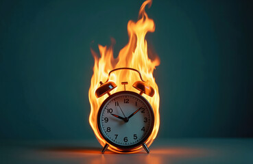 Burning alarm clock deadline pressure. Fire flames around watch represents urgency, countdown. Concept of time running out, project failure, stress, time management. Metaphor for work burnout,