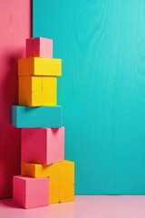 Vibrant Stack of Colorful Wooden Blocks Against a Teal and Pink Background