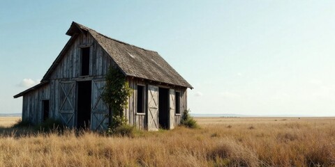 Obraz premium Rustic Wooden Barn Stands Alone in a Vast Golden Field Under a Clear Blue Sky, Evoking a Sense of Serenity and Rural Solitude