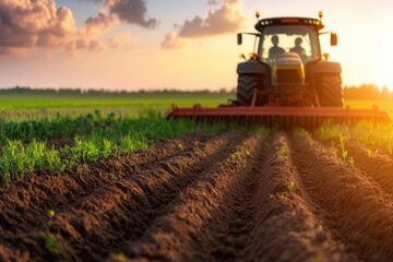 Fototapeta premium Tractor tilling fertile field at sunset with clear sky and lush, green horizon.
