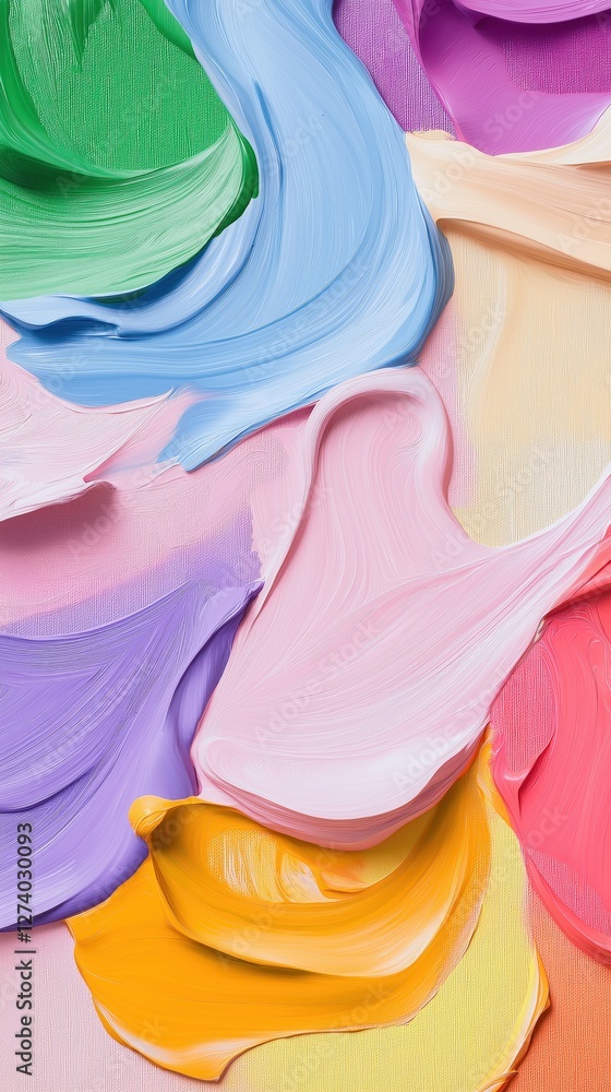 Poster vibrant acrylic paint strokes layering across canvas, blending multiple colors into energetic abstra