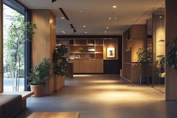 Modern Lobby Interior Design with Wooden Furniture and Plants, Minimalist Decor and Warm Lighting, Creating a Relaxing Atmosphere for Guests. Welcoming Space.