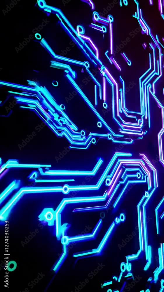 Poster neon circuit board pattern evolving with pulsating energy and dynamic light