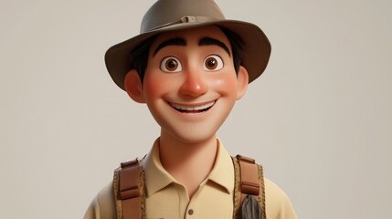 Happy explorer cartoon portrait, neutral background