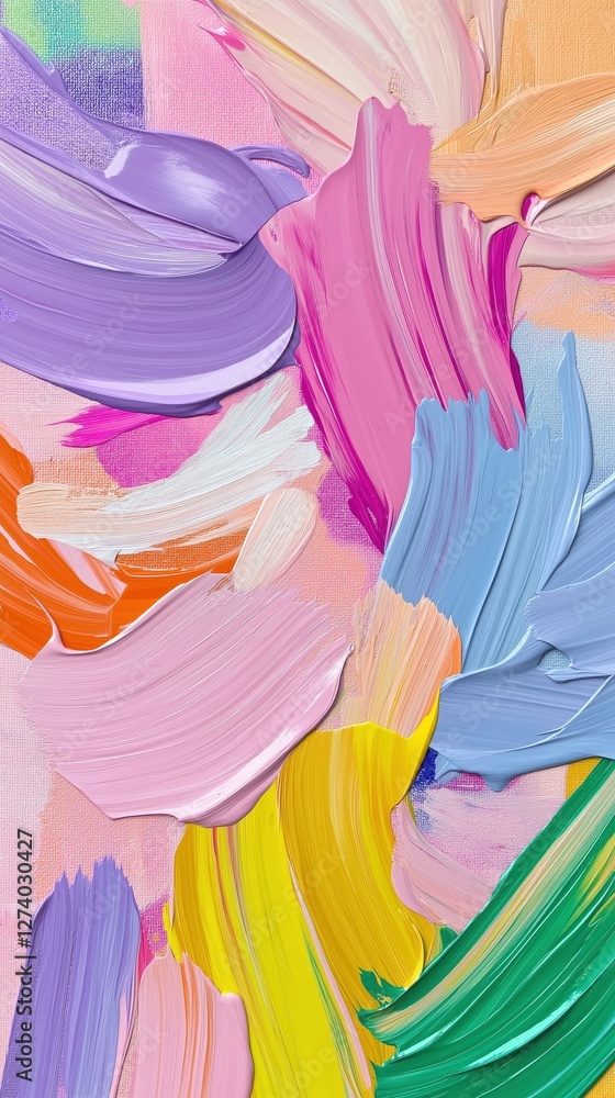 Poster Vibrant oil paint strokes layering dynamic colors, forming textured abstract composition representing visual diversity and artistic expression