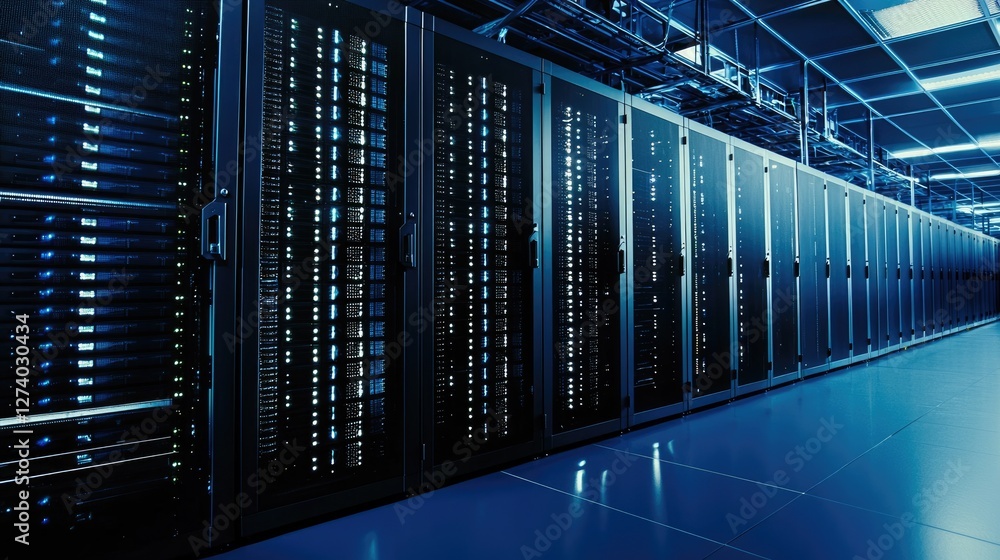 Fototapete A high-tech data center with glowing blue server racks and structured cabling, representing cloud computing and cybersecurity. Ideal for technology and digital infrastructure concepts