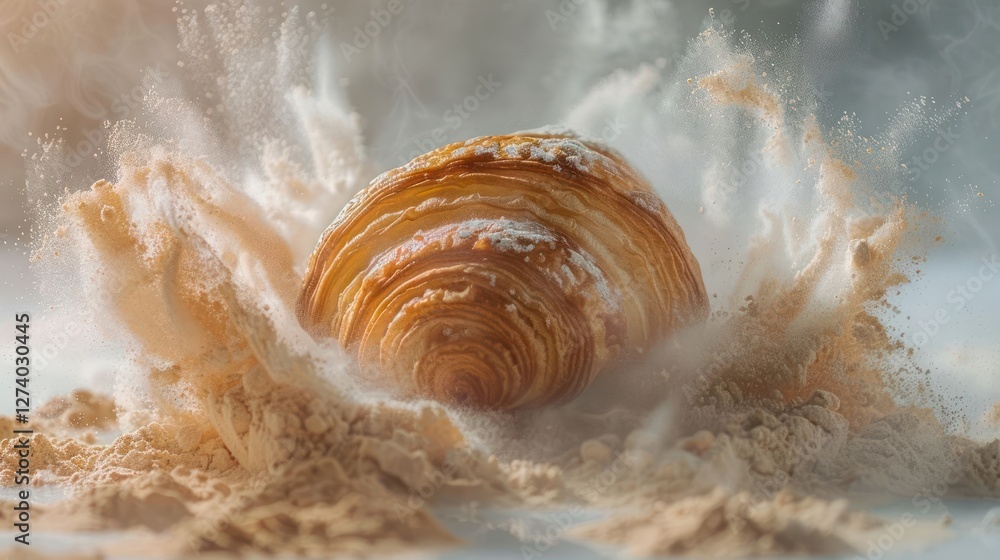 Poster a close-up of a spiraled shell creating a splash in a sandy environment.