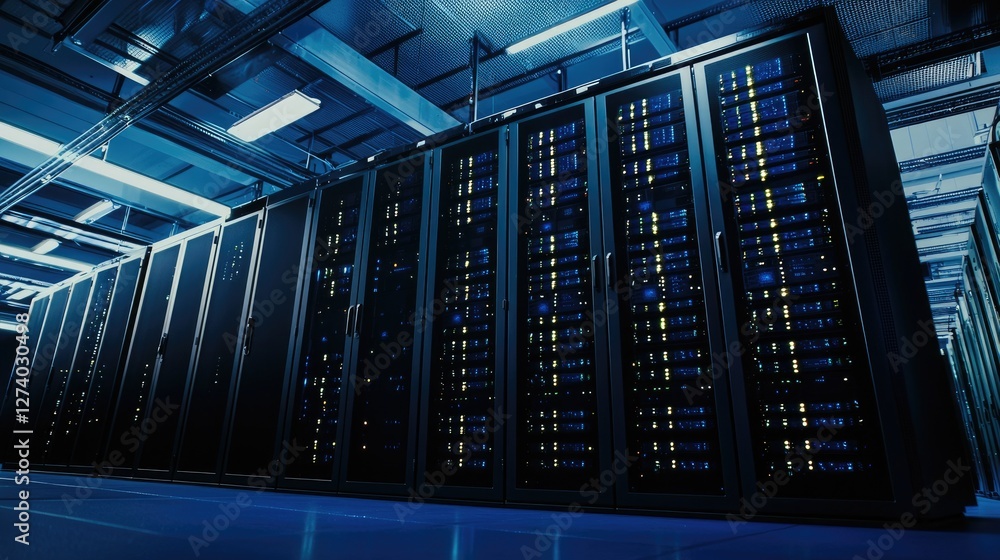 Fototapete A futuristic data center with dark blue server racks and glowing LED lights, representing advanced cloud computing and cybersecurity. Ideal for technology and digital infrastructure concepts