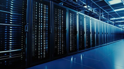 Fototapeta premium A high-tech data center with glowing blue server racks and structured cabling, representing cloud computing and cybersecurity. Ideal for technology and digital infrastructure concepts