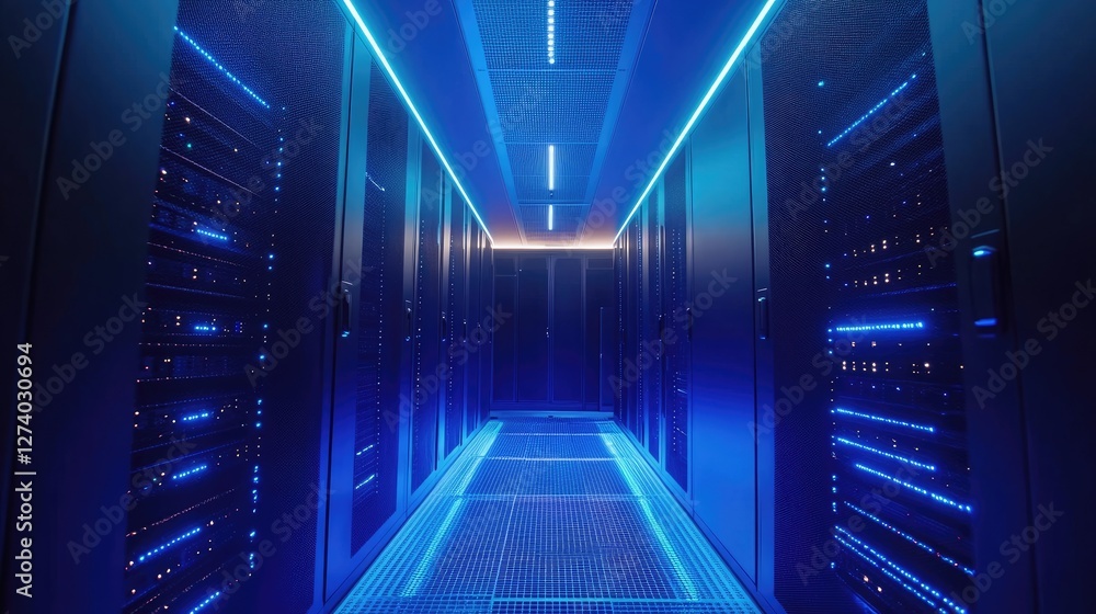 Poster A futuristic data center with illuminated server racks and an advanced cooling system, showcasing high-tech infrastructure. Ideal for cloud computing, cybersecurity, and AI-driven digital solutions