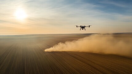 Fototapeta premium Aerial view of drone hovering above barren desert landscape, casting shadow on dry cracked ground, faint smoke trail in distance, unmanned aerial vehicle technology concept. 