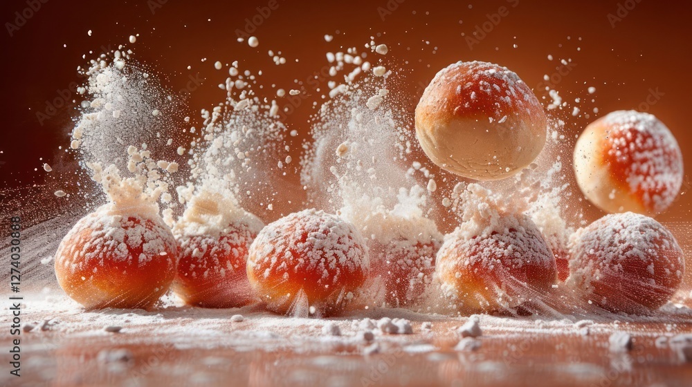 Aufkleber a dynamic image of powdered balls bursting, creating a cloud of flour.