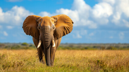 Obraz premium Vibrant African elephant roaming in savannah under blue sky