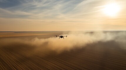 Aerial view of drone hovering above barren desert landscape, casting shadow on dry cracked ground, faint smoke trail in distance, unmanned aerial vehicle technology concept.	