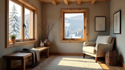 Fototapeta premium Cozy Cabin Retreat Sunlight Streaming Through Large Windows Illuminates a Comfortable Armchair and Wooden Bench in a Rustic Interior Design Setting