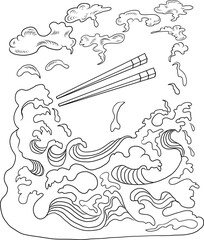 Elements for noodle on menu.Traditional Japanese ramen and wave for restaurant printing on wallpaper.Ramen vector illustration for doodle art.Sunrise with chopsticks vector for painting on background.