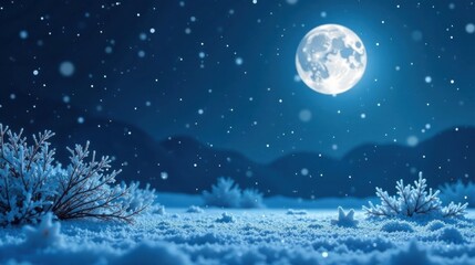 Fototapeta premium Serene Winter Night Scene Frosty Plants Under a Bright Moon and Falling Snow