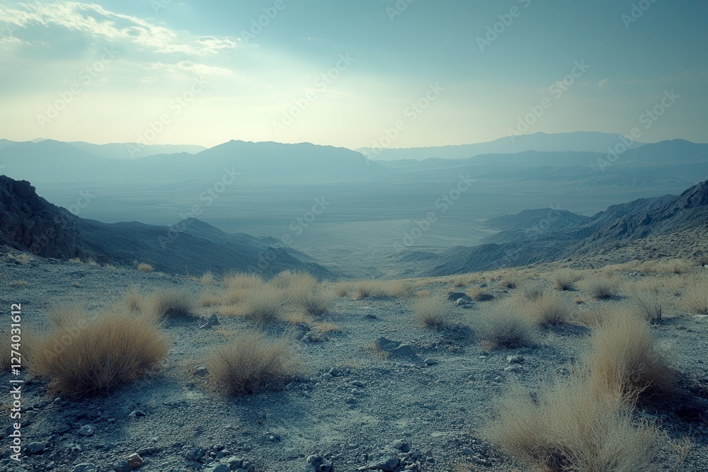 Poster expansive view of death valley's arid landscape with sparse vegetation and hazy sky. generative ai
