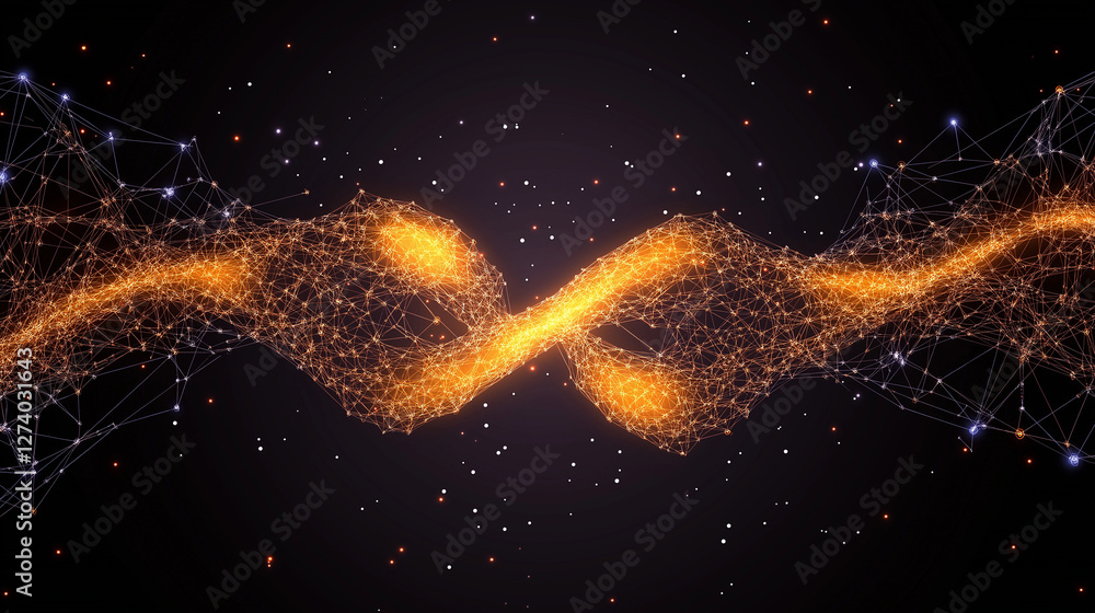 Poster intertwined cosmic dance: an ethereal display of interconnected data points, forming a dynamic wave,