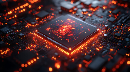 A futuristic AI processor chip with vibrant energy streams and dynamic light trails, symbolizing artificial intelligence, high-speed computing, and digital innovation. Perfect for technology