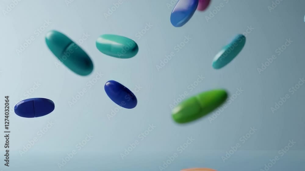 Poster Multicolored pills gracefully falling in slow motion, captured against a pristine white background, emphasizing health and pharmaceutical concepts