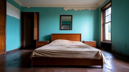 Dilapidated Bedroom with Turquoise Walls and Distressed Interior Design