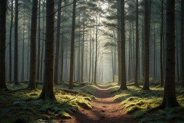 Fototapeta premium arafed path in a forest with a sunbeaming light