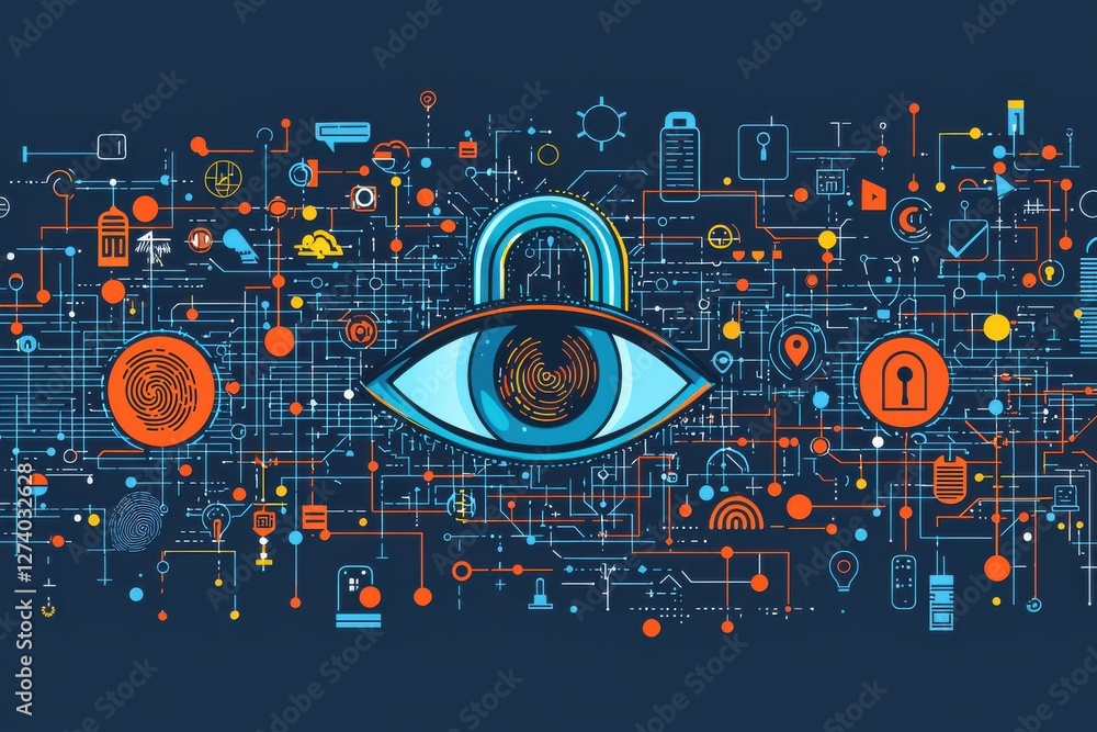 Poster abstract illustration symbolizing cybersecurity with eye and data connection icons