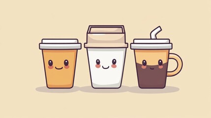 Cute cartoon coffee cups, various types, friendly faces, background pastel, stock photo