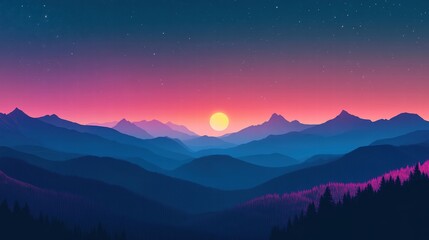 Modern and clean night landscape, blue-green mountains with stylized pink trees, a star-speckled sky, a soft moon glow, and an overall harmonious flat vector aesthetic