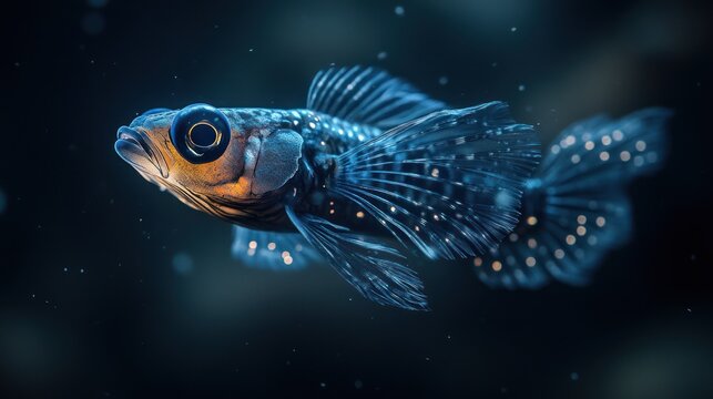 A glowing deep-sea lanternfish in pitch-black darkness, cinematic lighting