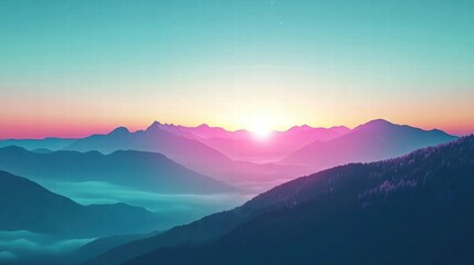 Obraz premium Dreamlike minimalist vector artwork, smooth and layered blue-green mountains, soft pink glowing trees, a star-filled night sky, and a subtle warm gradient in the background