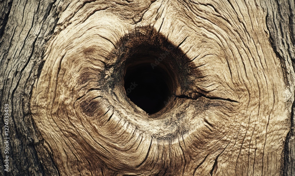 Aufkleber close-up of a weathered tree trunk showcasing intricate wood grain patterns and a deep hollow