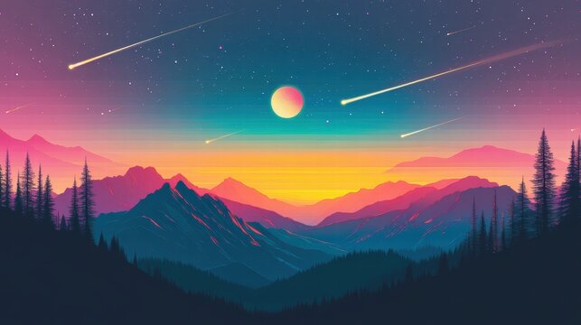 Dreamlike minimalist vector artwork, smooth green and blue mountains, pink trees placed rhythmically, a cosmic night sky featuring a full glowing moon and scattered shooting stars