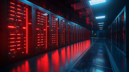 A futuristic data center with glowing server racks and colorful LED lighting, symbolizing high-performance computing, cloud technology, and cybersecurity