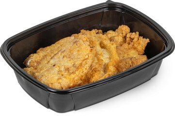 Black plastic container with fried food on a white background