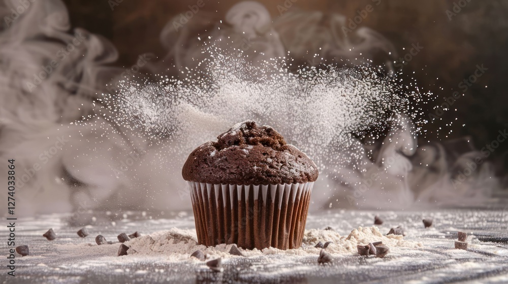 Poster a chocolate muffin surrounded by flour and dust, creating a dynamic baking scene.