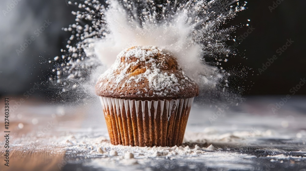 Poster a cupcake with powdered sugar exploding, creating a dynamic and playful food scene.