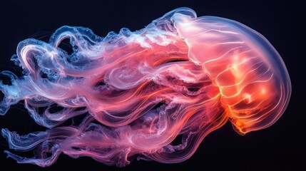 A glowing jellyfish-like comb jellyfish, soft neon colors, deep sea background