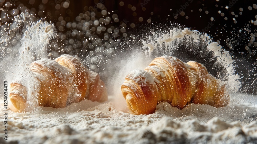 Poster two croissants surrounded by a cloud of flour, creating a dynamic and appetizing scene.