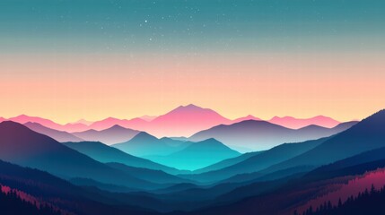 Aesthetic minimalist vector art, a mountain valley with green and blue tones, soft pink foliage, crisp night sky with twinkling stars, modern and flat design using clean shapes and limited colors