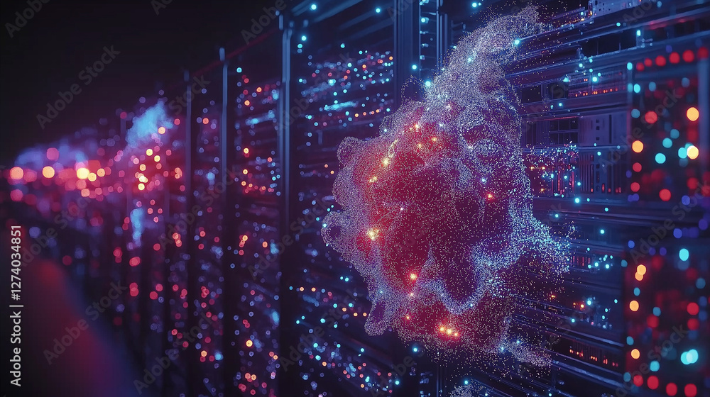 Poster digital symphony: an abstract view of server racks in a data center, with bright blue and red lights