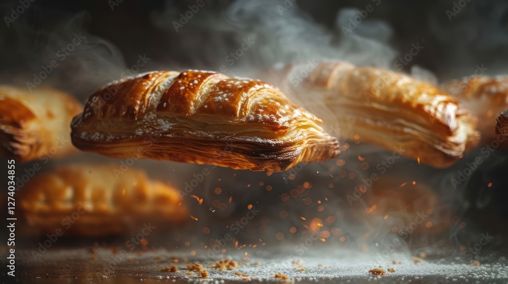 Poster a dynamic display of floating pastries surrounded by steam and sparks, emphasizing food artistry.