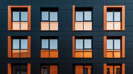 Obraz premium Modern architectural facade with orange window frames in symmetrical pattern