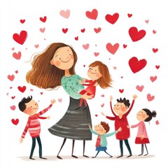 A Mother's Love: A heartwarming illustration of a mother surrounded by her children, showering them with affection amidst a flurry of hearts.